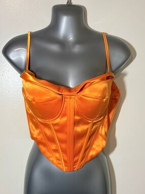 Satin Boned Corset Crop Top Orange Zip Back Asymmetrical Hem Size Medium